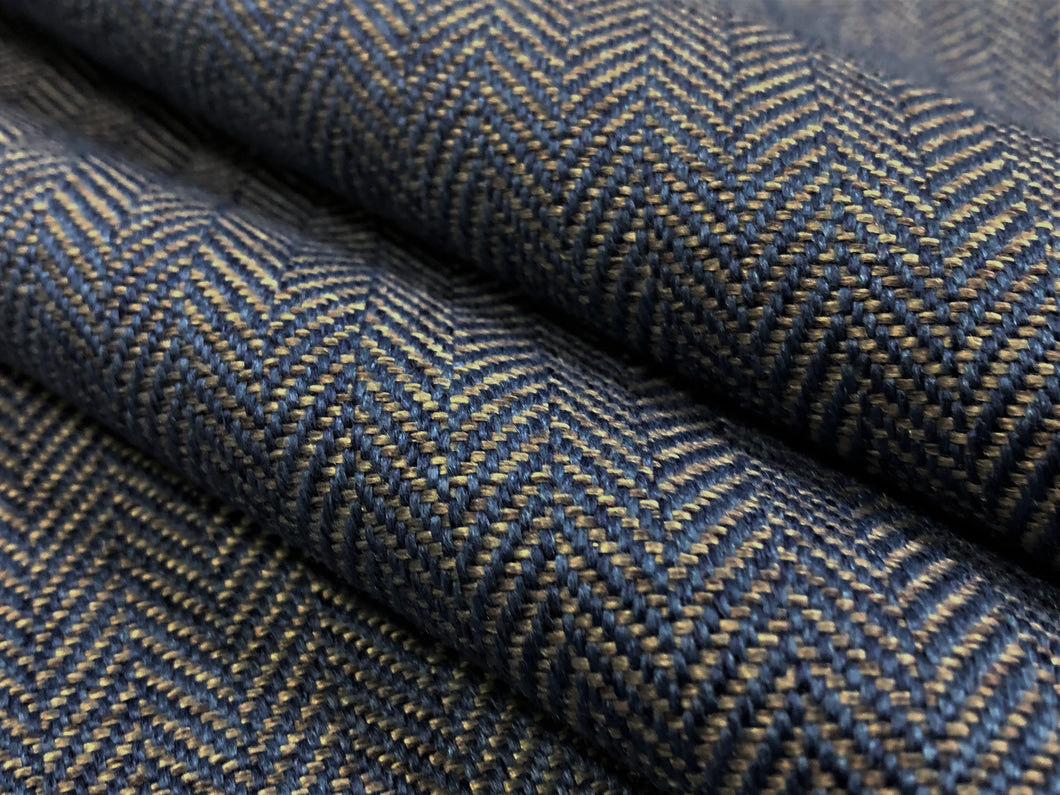 Designer Navy Blue Grey Small Scale Herringbone MCM Upholstery Drapery Fabric