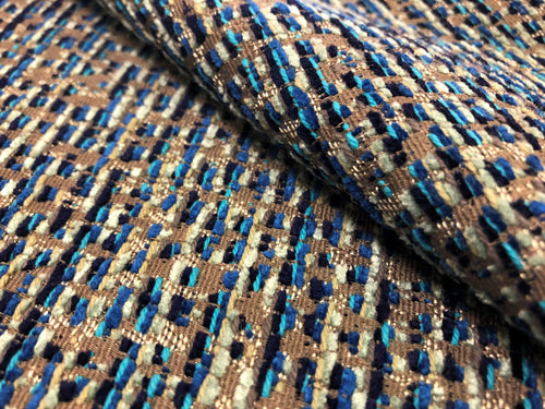 Designer Navy Aqua Beige Turquoise Blue Speckled Textured Stripe Chenille Abstract Upholstery Fabric