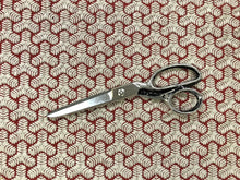 Load image into Gallery viewer, Groundworks Chengtu Door Beige Taupe Rusty Red Linen Poly Backed Embroidered Geometric Upholstery Drapery Fabric