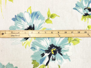 Off White Aqua Blue Lime Green Navy Embroidered Floral Drapery Fabric