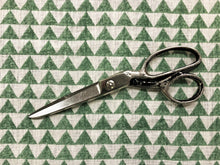 Load image into Gallery viewer, Designer Pyramids Block Printed Linen Green Off White Geometric Fabric