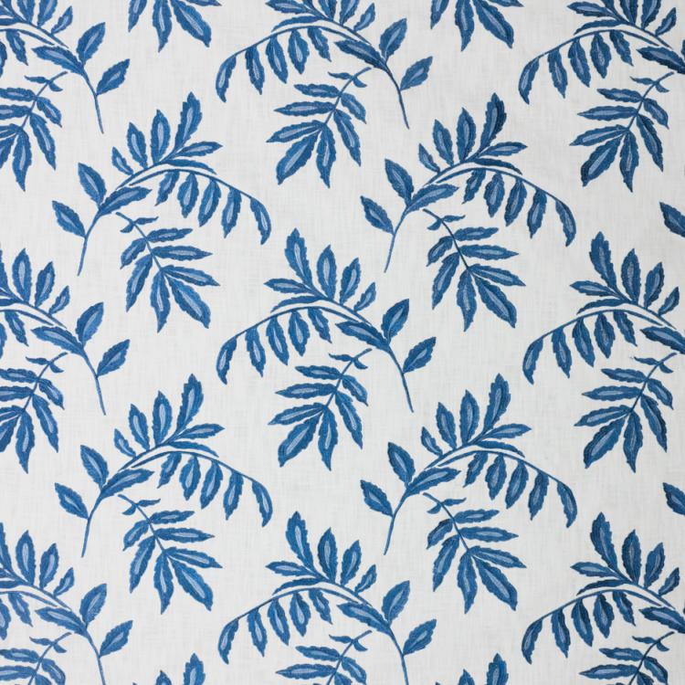 Falling Leaves White Blue Cotton Embroidered Drapery Fabric / Mood Indigo