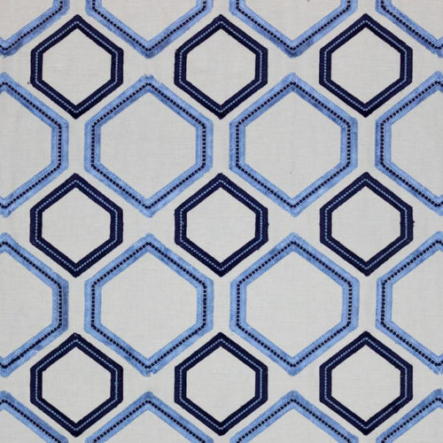 Fringe Benefits Navy Blue White Cotton Viscose Embroidered Geometric Drapery Fabric / Admiral