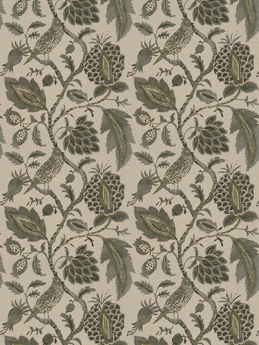 Floral Botanical Bird Upholstery Drapery Fabric / Greystone