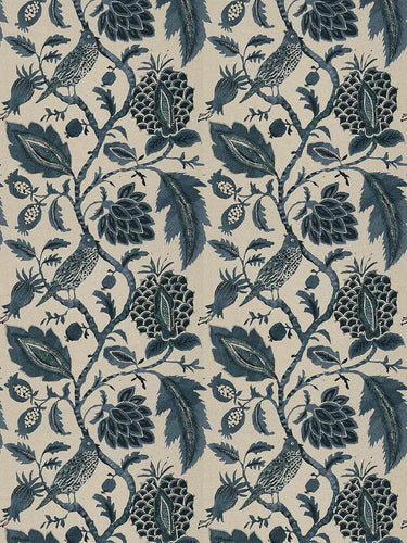 Floral Botanical Bird Upholstery Drapery Fabric / Indigo