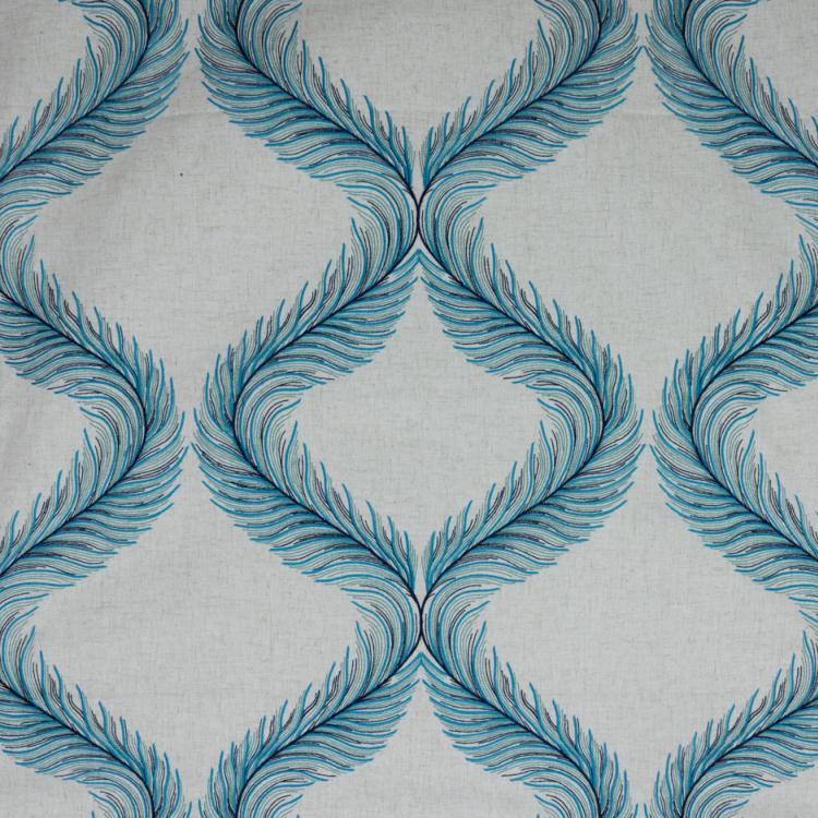 Nom de Plume Beige Navy Teal Turquoise Blue Embroidered Feather Drapery Fabric / Aegean