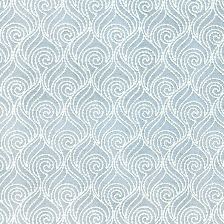 Swirl-A-Way Light Blue White Embroidered Drapery Cotton Linen Blend Fabric / Cirrus