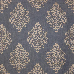 Tuxedo Park Beige Steel Blue Embroidered Upholstery Fabric / Driftwood