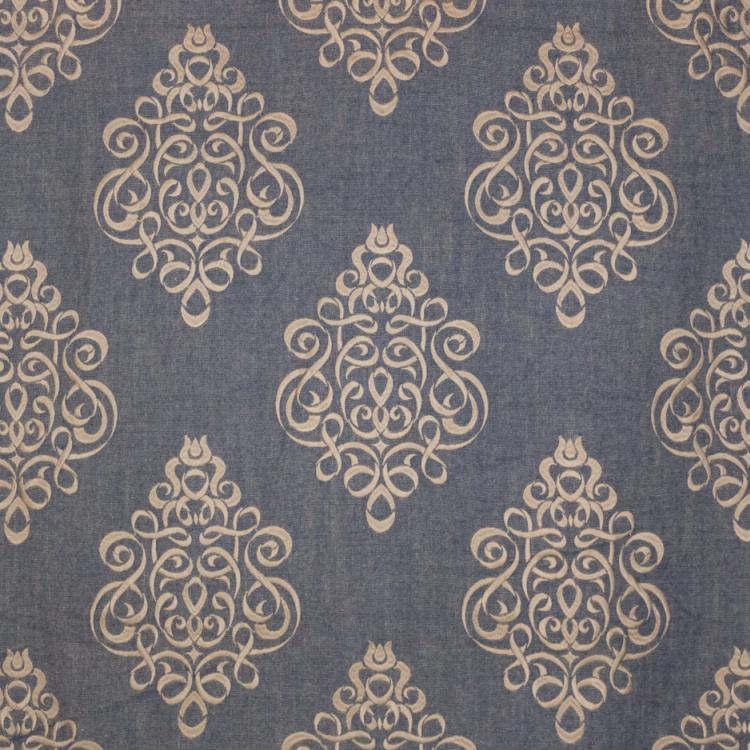 Tuxedo Park Beige Steel Blue Embroidered Upholstery Fabric / Driftwood