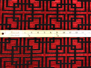 MAXWELL GRAND CENTRAL Volcano Black Red Geometric Fret Cut Velvet Upholstery Fabric