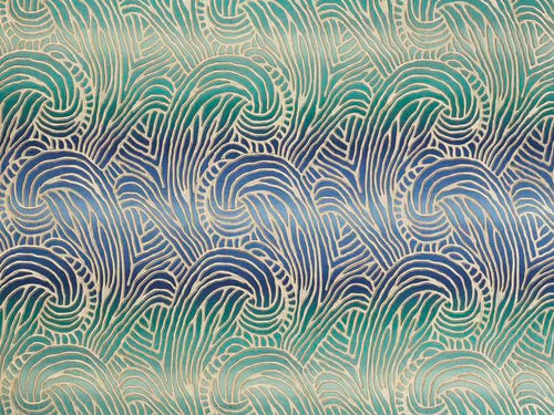 Designer Royal Blue Teal Green Taupe Embroidered Abstract Upholstery Drapery Fabric