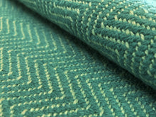 Load image into Gallery viewer, Designer Linen Blend Aqua Blue Gray Herringbone Geometric Mid Century Modern Upholstery Fabric