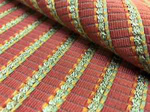 Coral Red Green Beige Chenille Stripe Upholstery Drapery Fabric