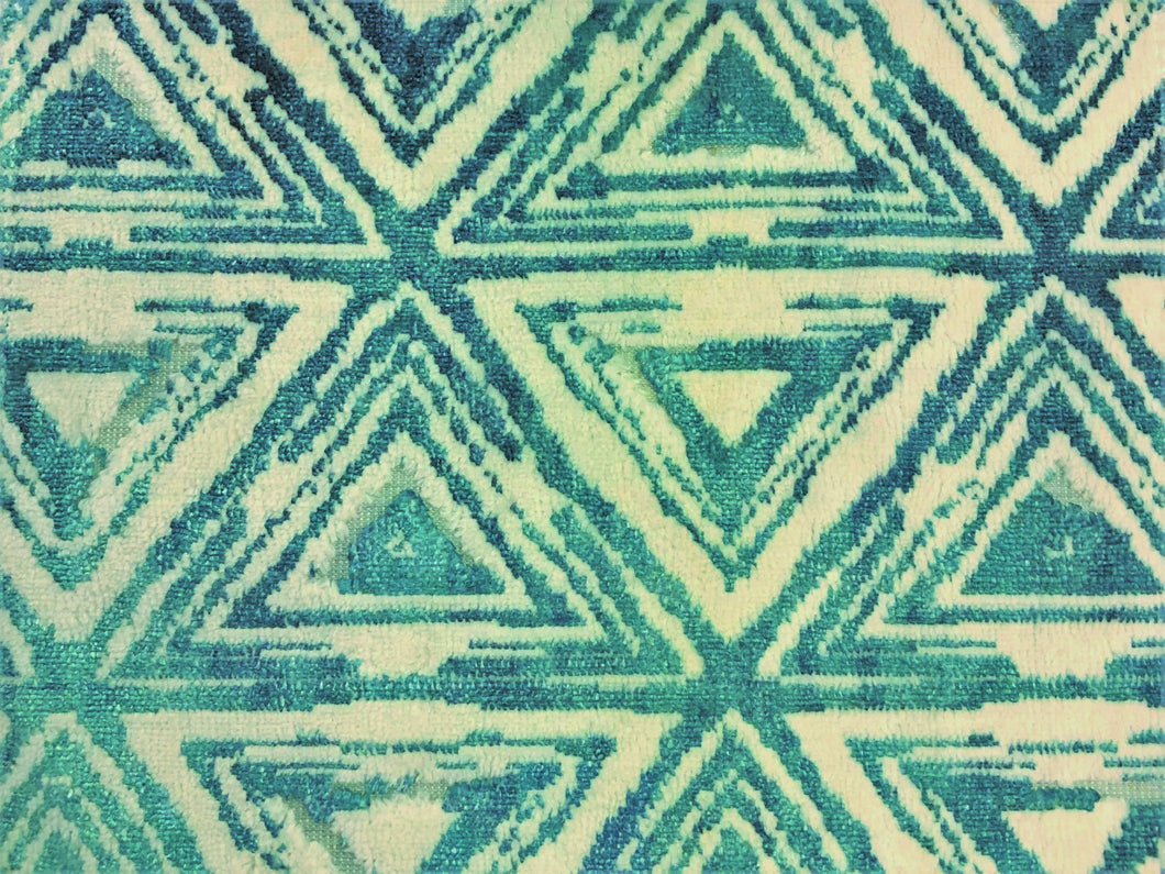 Heavy Duty Abstract Geometric Teal Green White Velvet Upholstery Fabric