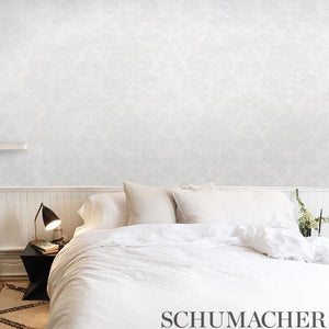 Schumacher Simone Damask Grasscloth Wallpaper 5010120 / Silver