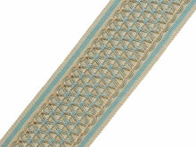 Load image into Gallery viewer, 3" Wide Geometric Embroidered Aqua Blue Beige Cream Drapery Tape Trim