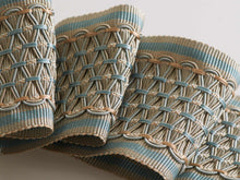 Load image into Gallery viewer, 3" Wide Geometric Embroidered Aqua Blue Beige Cream Drapery Tape Trim