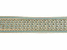 Load image into Gallery viewer, 3" Wide Geometric Embroidered Aqua Blue Beige Cream Drapery Tape Trim
