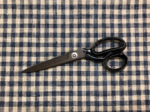 Pindler and Pindler Dodson Lakeland Faux Linen Ecru Neutral Beige Navy Blue Woven Check Plaid Upholstery Drapery Fabric