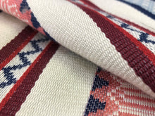 Load image into Gallery viewer, Designer Cream Navy Blue Red Burgundy Geometric Stripe Kilim Ethnic Tribal Upholstery Fabric WHS 5175