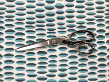 Load image into Gallery viewer, Indoor Outdoor Solution Dyed Acrylic Teal Aqua Blue Off White Geometric Upholstery Drapery Fabric