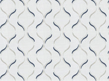 Load image into Gallery viewer, Ivory Taupe Navy Blue Embroidered Geometric Trellis Drapery Fabric