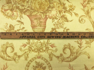 61" Wide Dutch Cotton Neoclassical Floral Victorian Yellow Beige Coral Toile Print Drapery Fabric Made in Holland