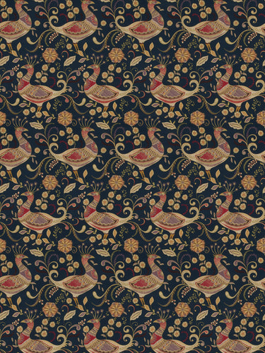 Floral Bird Art Nouveau Peacock Drapery Fabric / Navy
