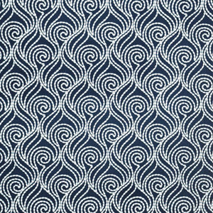 Swirl-A-Way Navy Blue White Embroidered Cotton Linen Blend Drapery Fabric / Britannia