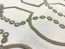 Load image into Gallery viewer, Ivory Beige Taupe Seafoam Geometric Embroidered Trellis Drapery Fabric