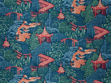 Load image into Gallery viewer, Cotton Linen Rayon Chinoiserie Navy Blue Red Green Dragon Pagoda Upholstery Drapery Fabric