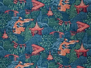 Cotton Linen Rayon Chinoiserie Navy Blue Red Green Dragon Pagoda Upholstery Drapery Fabric