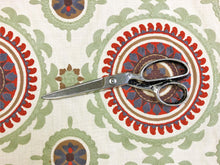 Load image into Gallery viewer, Spice Red Geometric Embroidered Beige Sage Green Rusty Red Grey Brown Ethnic Medallion Drapery Fabric