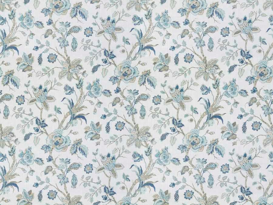 Cream Blue Seafoam Taupe Floral Jacobean Upholstery Drapery Fabric