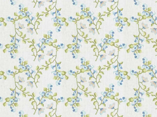 Off White Navy Blue Aqua Green Embroidered Floral Drapery Fabric