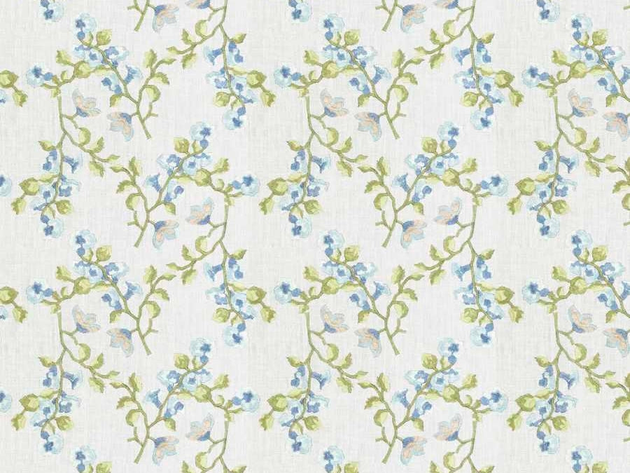 Off White Navy Blue Aqua Green Embroidered Floral Drapery Fabric