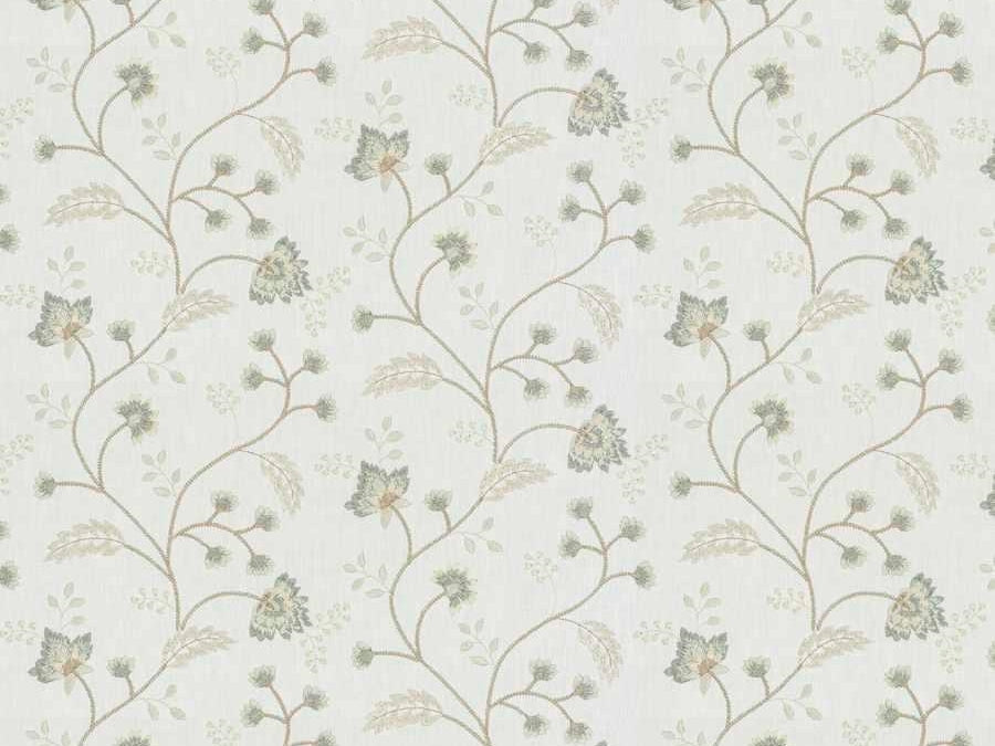 Cream Seafoam Green Beige Embroidered Floral Drapery Fabric