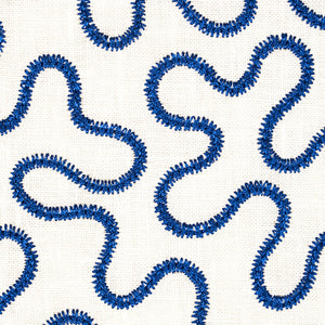 SCHUMACHER MEANDER EMBROIDERY FABRIC 67603 / BLUE ON IVORY