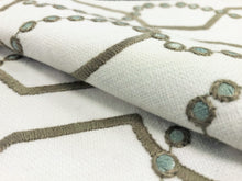 Load image into Gallery viewer, Ivory Beige Taupe Seafoam Geometric Embroidered Trellis Drapery Fabric