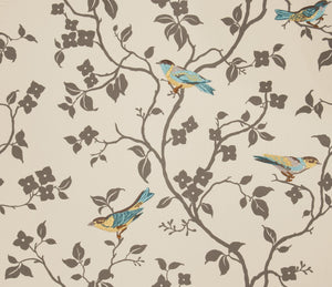 Embroidered Floral Bird Pattern Drapery Fabric / Verdigris