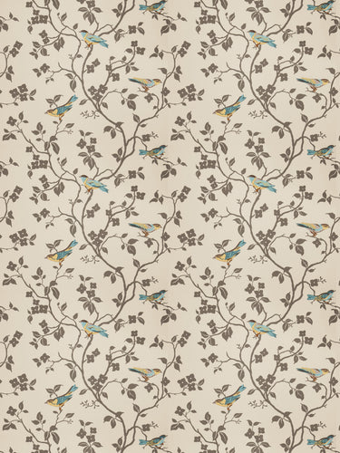 Embroidered Floral Bird Pattern Drapery Fabric / Verdigris