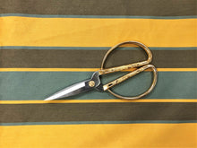 Load image into Gallery viewer, Silk Cotton Blend Olive Green Mustard Yellow Teal Stripe Upholstery Fabric
