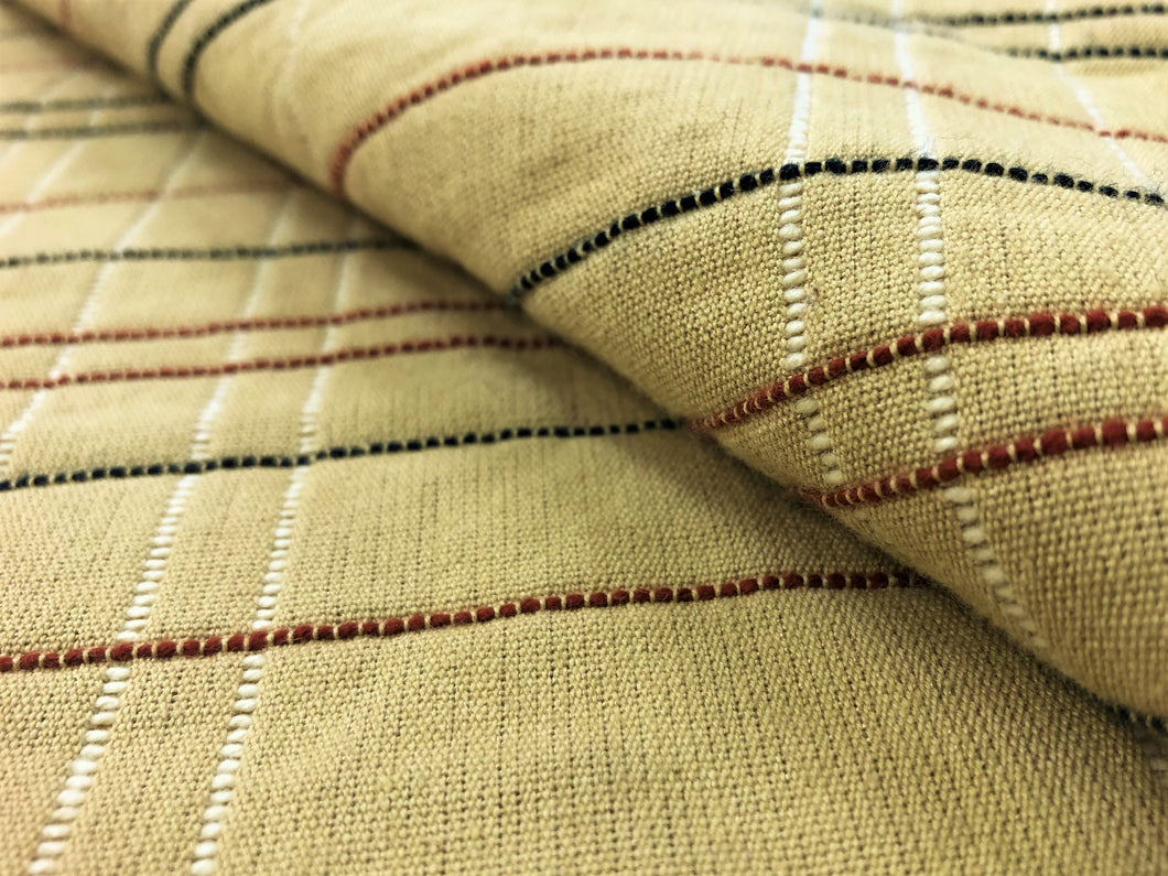 Designer Woven Water & Stain Resistant Beige Rusty Red Black Ivory Stripe Plaid Check Geometric Upholstery Drapery Fabric