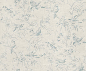 Floral Bird Print Toile Drapery Fabric / Chambray