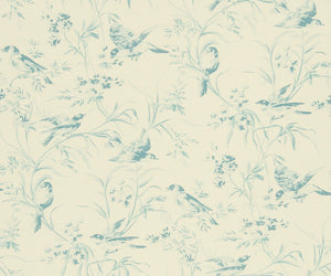 Floral Bird Print Toile Drapery Fabric / La Mer