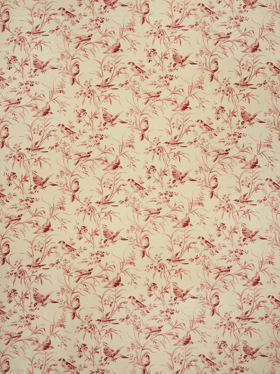 Floral Bird Print Toile Drapery Fabric / Rouge