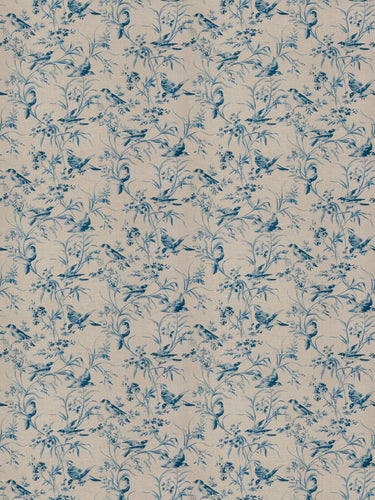Floral Bird Print Toile Drapery Fabric / Vintage Bleu