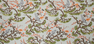 Floral Bird Print Drapery Fabric / Aqua Garden