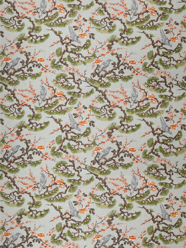 Floral Bird Print Drapery Fabric / Aqua Garden