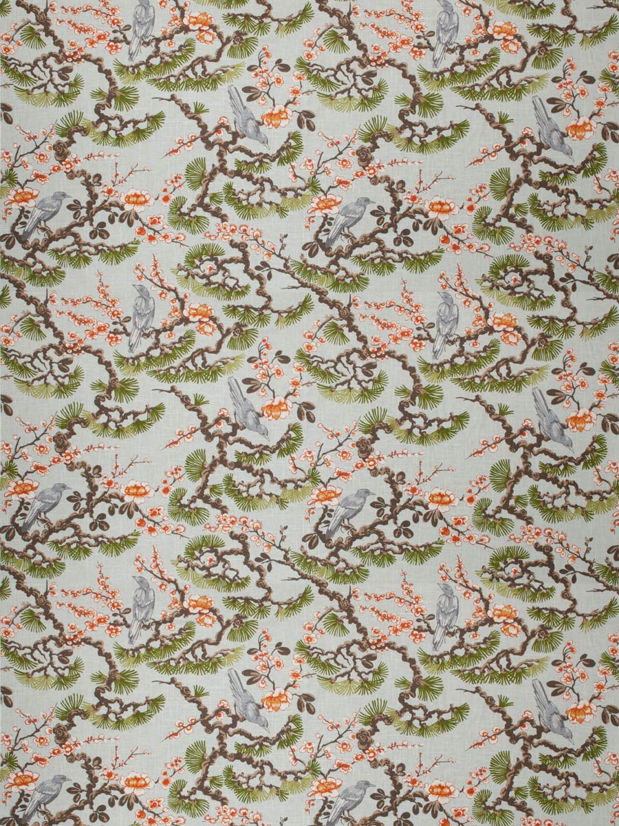 Floral Bird Print Drapery Fabric / Aqua Garden